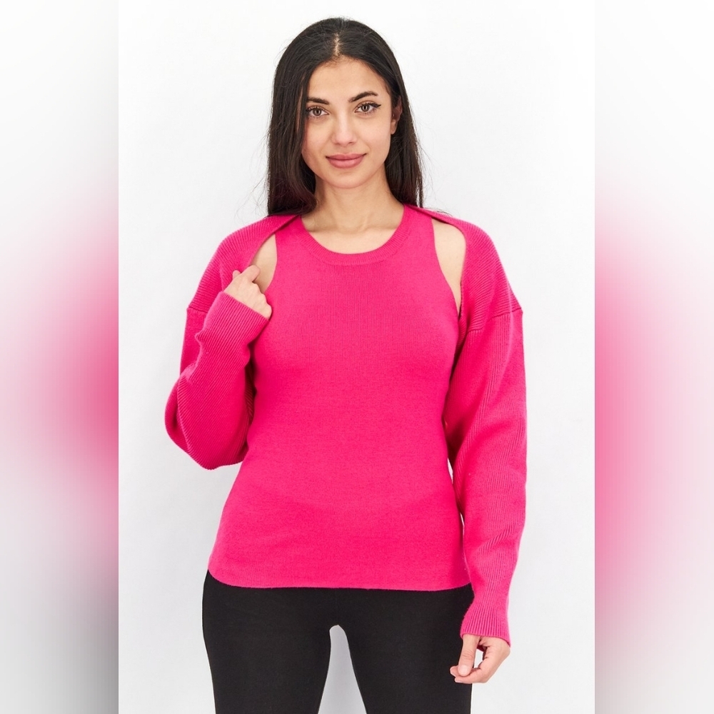 Lucy Paris Women 2 Pieces Round Neck Top With Connell Layered Bolero Shrug Sweat